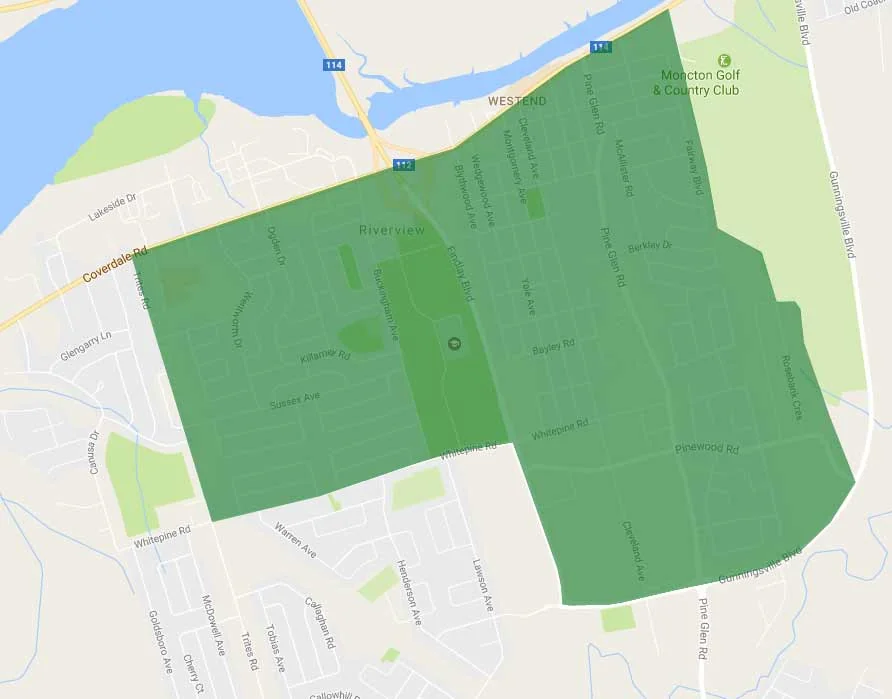 Map of the Riverview Snow Removal service area, bounded roughly by Coverdale Road, Gunningsville Boulevard, Whitepine Road, Trites Road